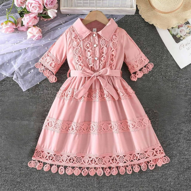 Vestido de manga corta con cuello vuelto para niña, primavera/verano, manga corta, color liso
