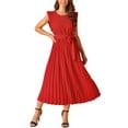 thumbnail image 1 of Vestido midi casual para mujer INSPIRE CHIC con volantes, sin mangas, cuello redondo, plisado, fluido y con cinturón en rojo, 1 of 5
