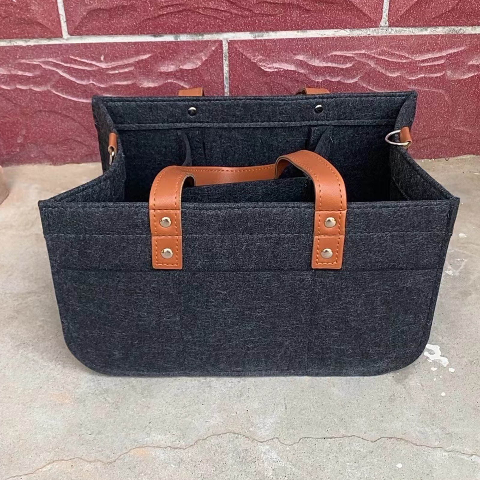 Weloille Felt Diaper Bag 33x15x18cm Foldable Storage Organizer, Gray with Brown Leather Handle, Portable Multifunctional Changing Station for Baby Care Essentials and Breast Pump Accessories