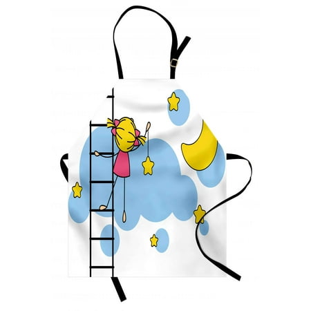 - Star Apron Cute Girl on Ladder Hanging a Star in the Night Sky with Half Moon Cartoon Picture, Unisex Kitchen Bib Apron with Adjustable Neck for Cooking Baking Gardening, Yellow Blue, by Ambesonne