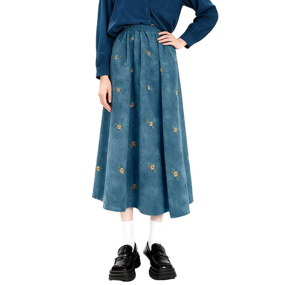 PNTUTB Women's Fashion Embroidered Floral Corduroy Elastic Waist Casual Commuter Skirt with Pockets