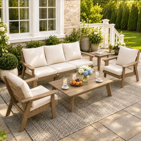 FOOWIN 7-Piece Patio Furniture Set, HDPE Outdoor Conversation Set with 5 Seating & Cushions, Perfect Patio Sofa Set for Garden, Porch, Backyard, Teak Frame with Beige Cushion