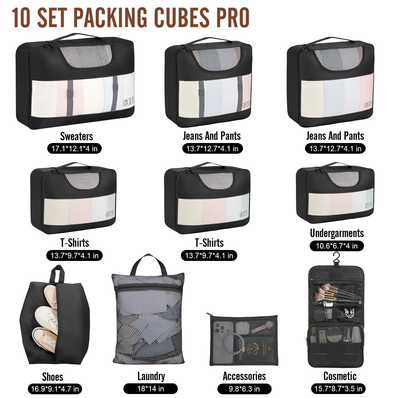 Veken 10 Set Packing Cubes for Travel Essential, Suitcase Organizer Bags in 4 Sizes, Carry-On Luggage Accessories Large Laundry Hanging Toiletry Bag for Airplane, Road Trip Camping, Black