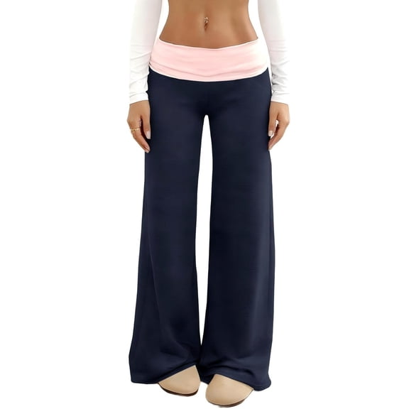Wevis Ladies Color Block Fold Waist Micro Flare Pants Low Rise Elastic Waist Workout Sweatpants Daily Loungewear