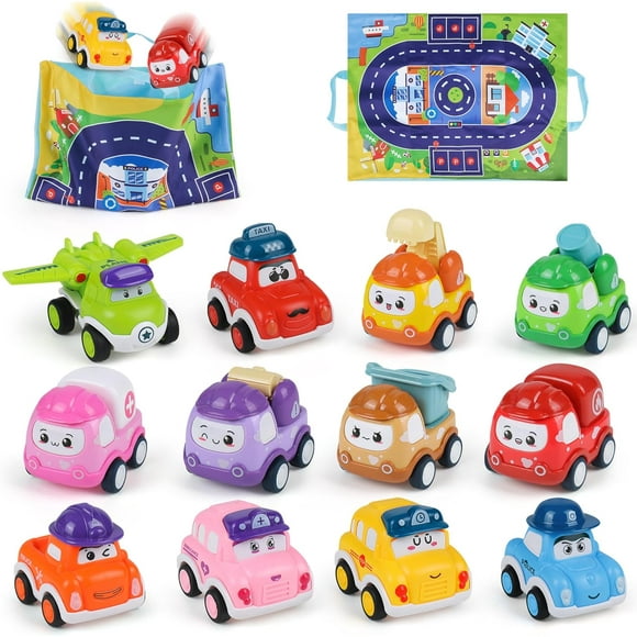 TRAHOO-Pull Back Cars for Toddlers, Baby Vehicles Toys for Boys Age 12-18 Months, 2-in-1 Map Mat & Storage Bag, 12 Pieces Mini Truck Toy Set for Infant, Kids First Birthday Gift for 1-3 Years Old Boy
