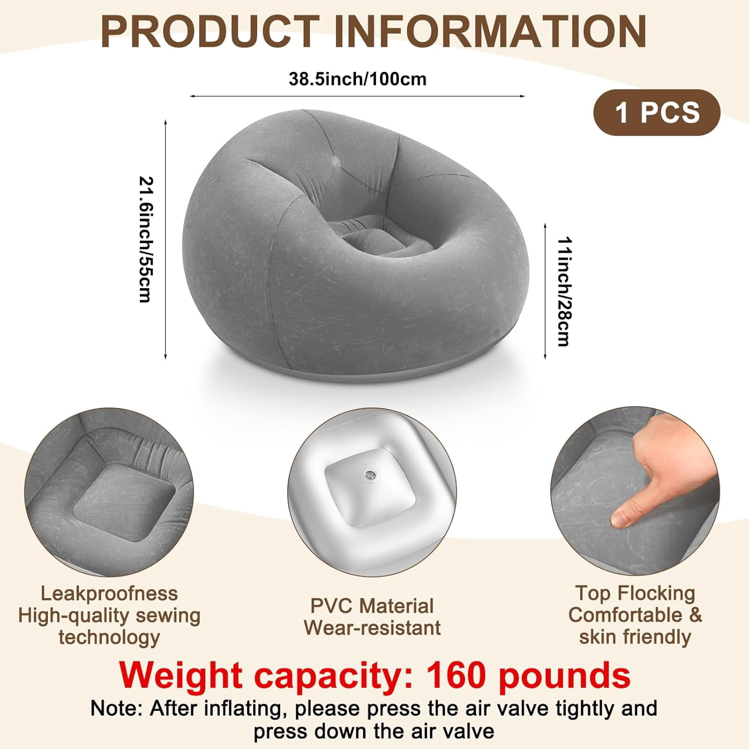 Inflatable Bean Bag Chairs for Adult Blow up Chairs Lazy Sofa Folding Portable Inflatable Chair for Movie Outdoor Room Bedroom Reading Camping(Grey)