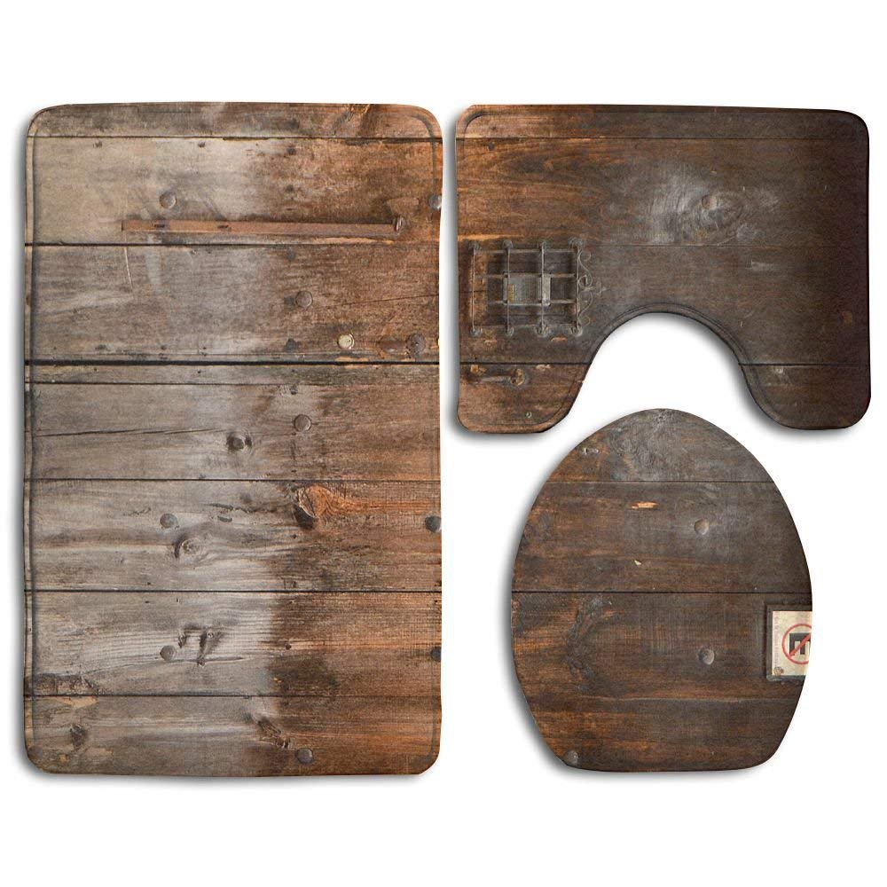 PUDMAD Rustic Country Wood Style Rustic Country Barn Wood 3 Piece Bathroom Rugs Set Bath Rug