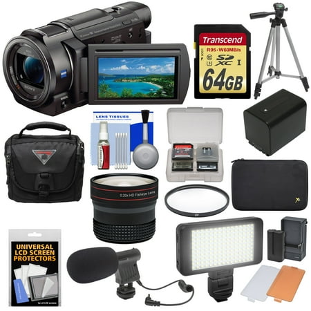 Sony Handycam FDR-AX33 Wi-Fi 4K Ultra HD Video Camera Camcorder with 64GB Card + Case + LED Light + Microphone + Battery + Tripod + Fisheye Lens Kit