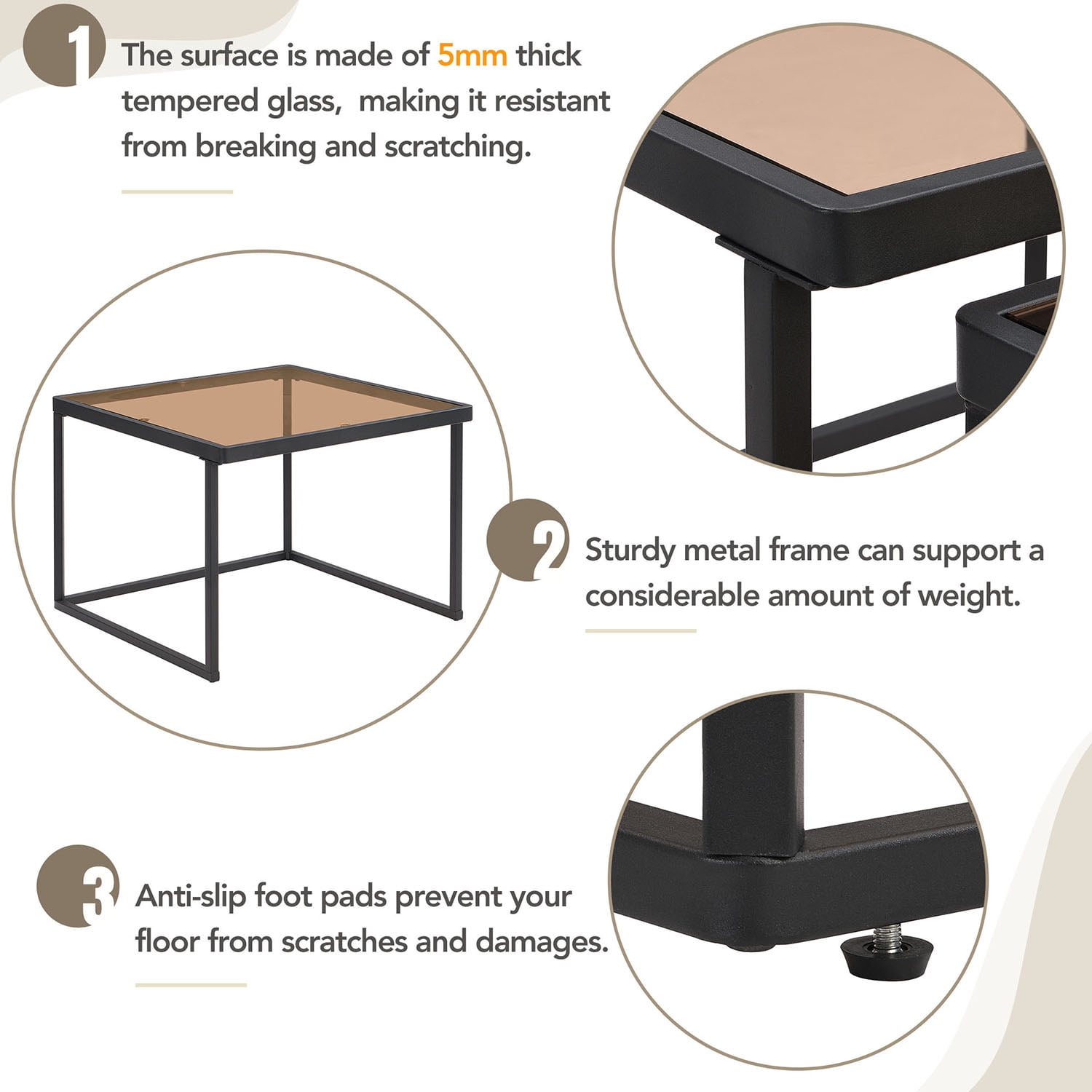 Kadyn Nested Coffee Table Set, Tea Table with Metal Frame, Tempered Glass Sofa Center Table, Black Kadyn Nested Coffee Table Set, Tea Table with Metal Frame, Tempered Glass Sofa Center Table, Black