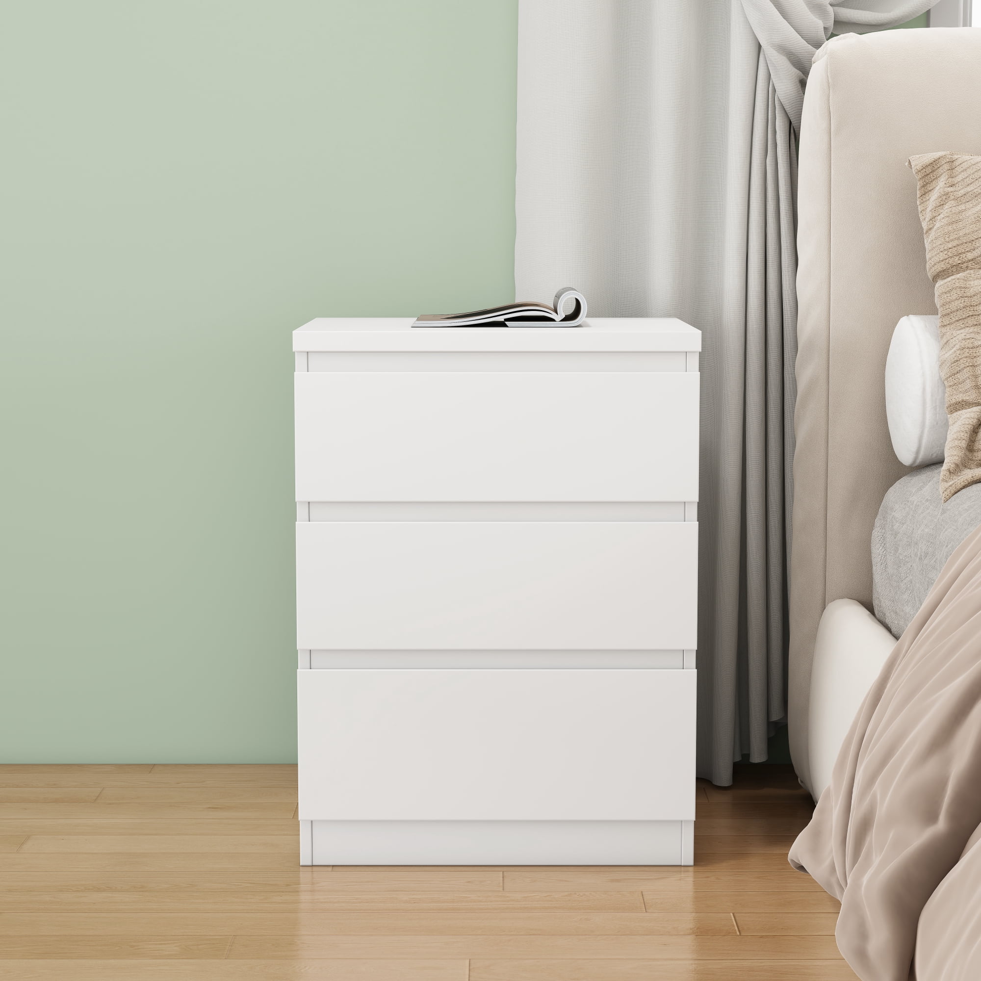 Leumius 19.7" Nightstand with 3 Drawers,Handle-Free Design,Thickened Top,Small Storage Cabinet for Bedroom/Living Room,White