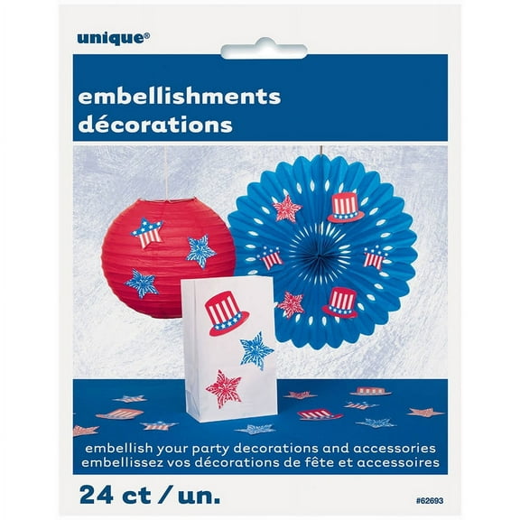 Patriotic Decor Embellishments Hats & Stars 7" Cutouts, Red White Blue, 24 CT