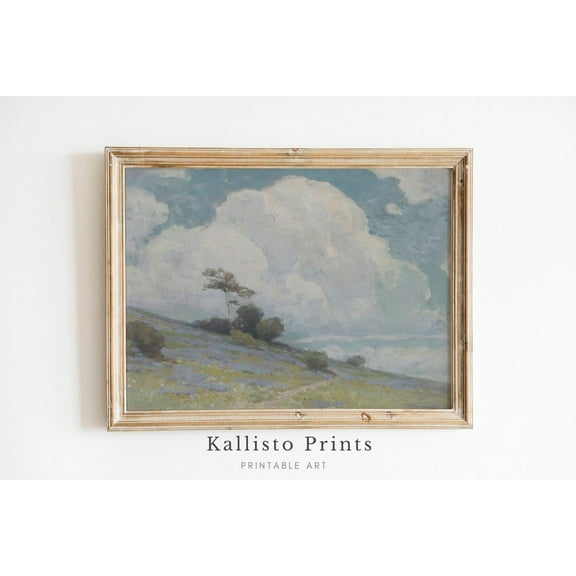 Vintage Landscape Print Poster Wall Art Cloudy Sky and Wildflower Field , Nature Art for Rustic, Cottagecore Decor 13, Size 8x12 UNFFRAMED F03.1.6l2860
