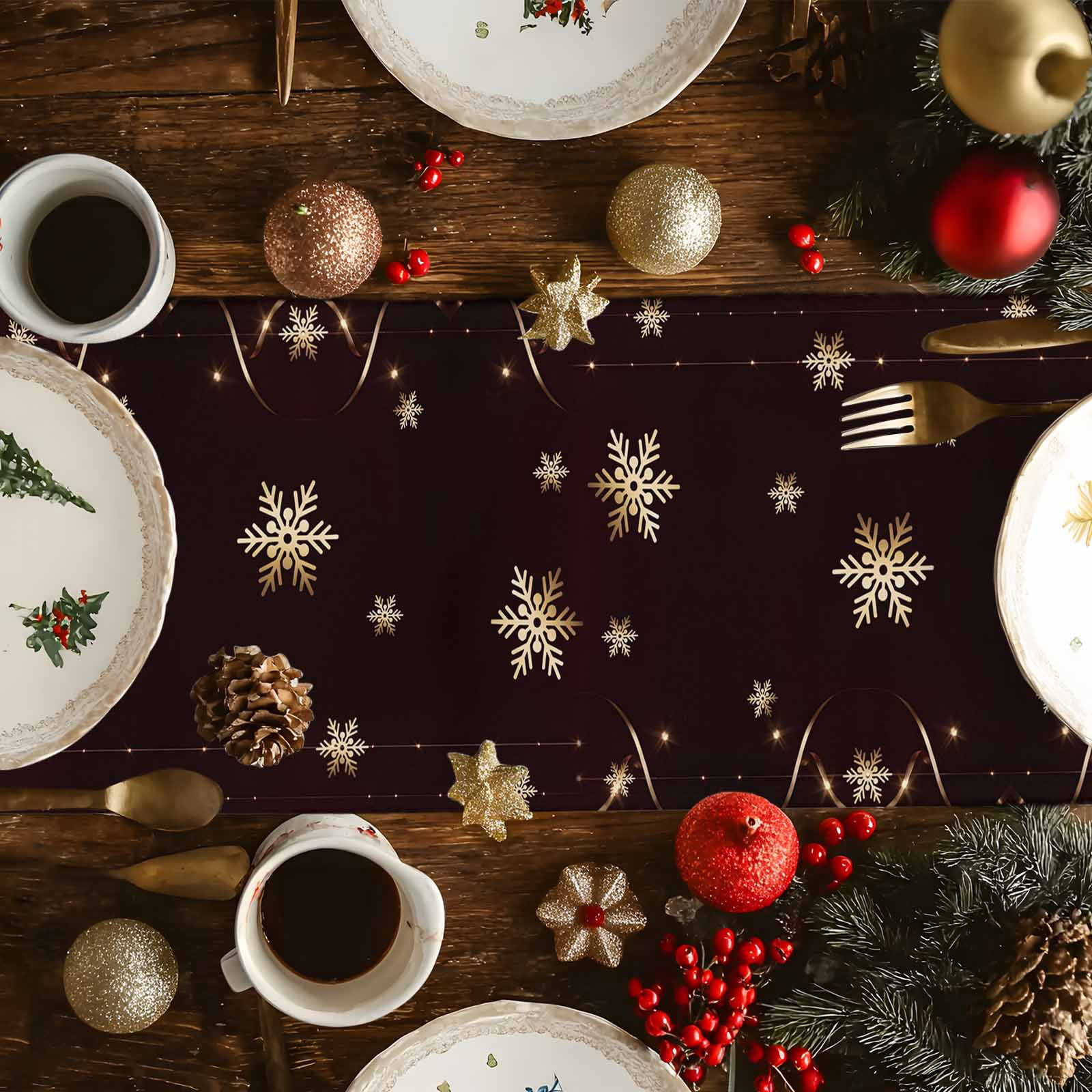 Red Theme Xmas Ball Table Runner 13x90 Inch Starry Merry Christmas Gold Snowflakes Table Runners Dresser Scarves Winter Holiday Kitchen Dining Table Decoration for Home Party Indoor