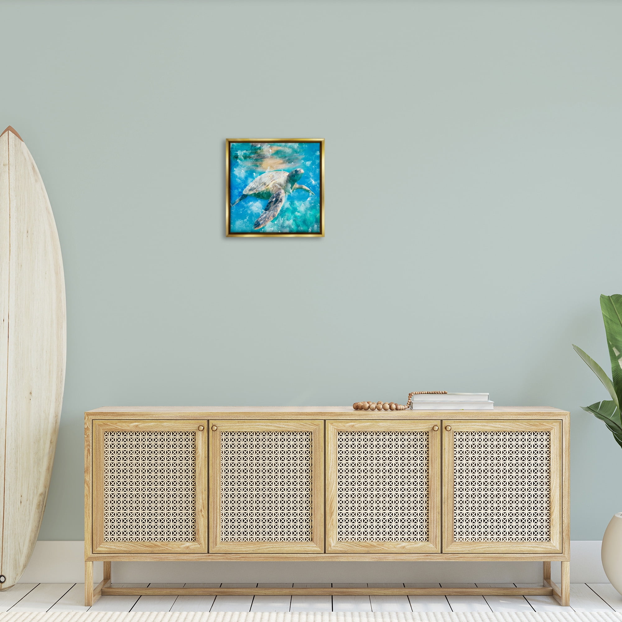 Stupell Industries Aquatic Swimming Sea Turtle Animals & Insects Painting Gold Floater Framed Canvas Art Print Wall Art, 18 x 18