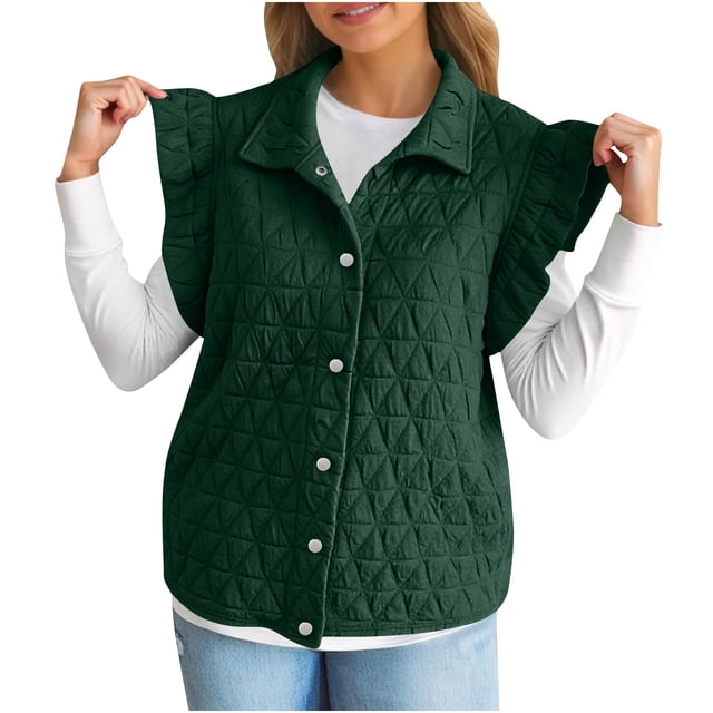Diufon Womens Ruffle Vest Sleeveless Padded Button Down Lapel Jacket Lightweight Fall Winter Warm Outerwear