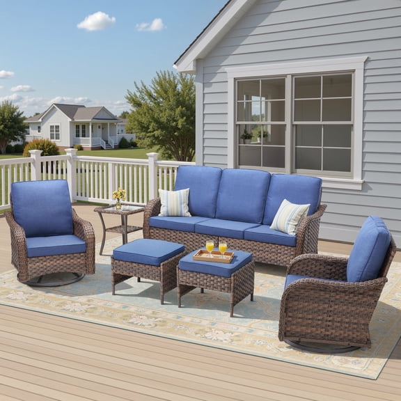 Planntonneo 6 Piece Outdoor Wicker Furniture Sets-High Back Patio Conversation Set with Rattan Sofa, 2 Swivel Rockers, 2 Ottomans and Side Table for Porch Balcony Deck, Blue/Beige
