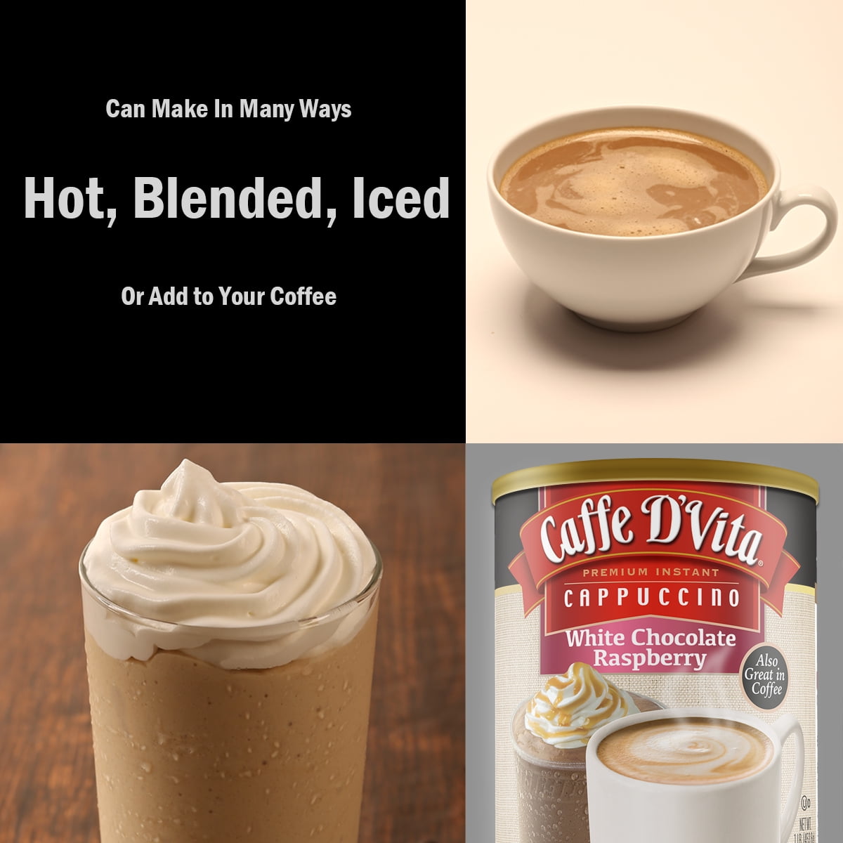 (6 Pack) Caffe D'Vita White Chocolate Raspberry Cappuccino, 1lb Cans. Instant powder drink mix