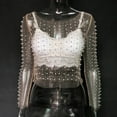 thumbnail image 6 of Women's Pearl See Through Mesh Sheer Long Sleeve Crop Tops Rhinestone Glitter Lace Blouse Shirts Sexy Top Clubwear Rave Party, 6 of 6