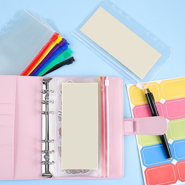 12Pcs A6 Binder Pockets Transparent PVC 6-Hole Binder Pockets Zip Folder Plastic Money Budget Envelopes