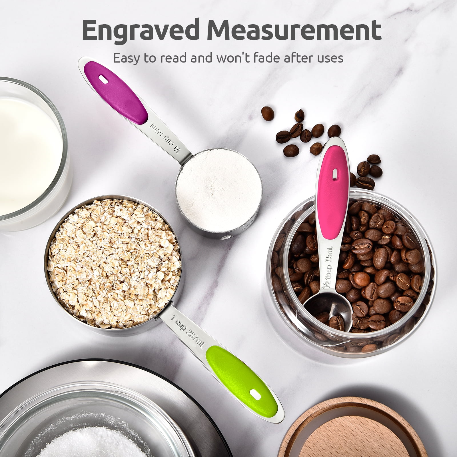 U-Taste 18/8 Stainless Steel Measuring Cups and Spoons Set: 12-Pcs Metal Stacking Measure Set for Baking Cooking with Strengthened Welds (Multicolor)