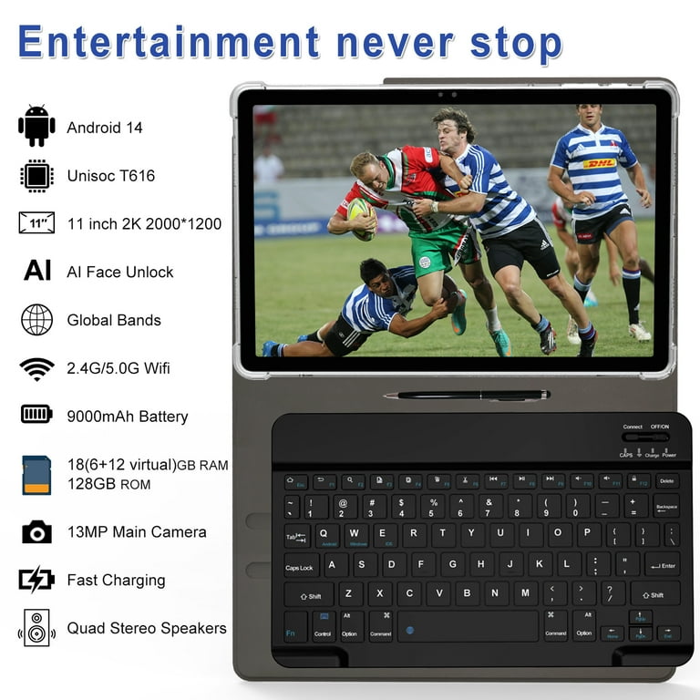 2024 Newest 11 inch 2K Tablet with Keyboard Android 14 2000x1200 FHD IPS  Display Tablets PC, Octa Core, 18GB RAM(6+12G)+128GB ROM(1TB TF), 5+5+13MP  Camera, 9000mAh Battery, Surpport WiFi, GPS - Gray -