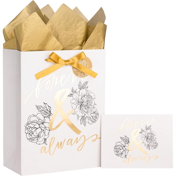 AUR 13" Wedding Gift Bag, Metallic Foil Gift Bag with Tissue Paper, Gift Tag and Card - ‘forever & always’ Wish Text and Floral Design