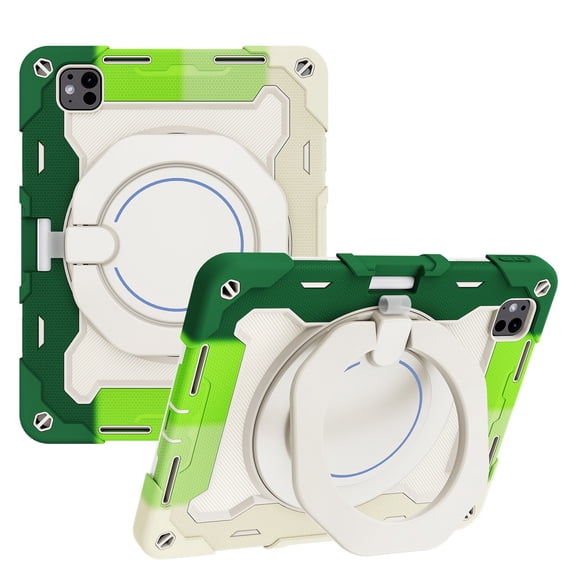 DWaybox Case for iPad Pro 11-inch M5 2025 Model A3357/A3358, Heavy Duty Shockproof Cover with 360° Rotating Ring Stand, 3-Layer PC Silicone Armor Protection -Rainbow Green