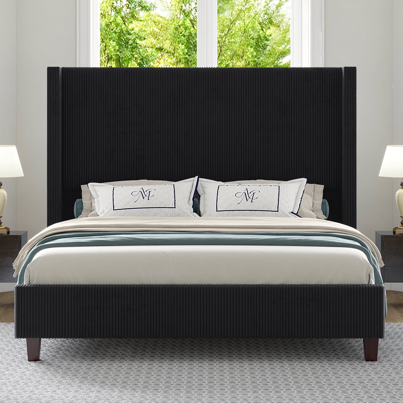 VanAcc Queen Size 61" Corduroy Upholstered Bed Frame with Vertical Stripe Wingback Headboard/Black