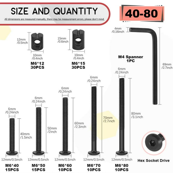 GHRTGR-M6 120Pcs Black Hex Socket Head Screws Bolts Barrel Nuts Hardware Assortment Kit for Crib Baby Bed Furniture Cots and Chairs (40mm/50mm/60mm/70mm/80mm-Assortment Kit)