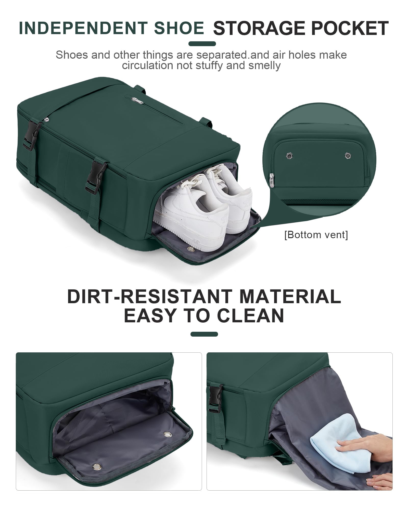 DAKIMOE Large Travel Backpack for Adults Carry on Laptop Backpack Flight Approved Waterproof College Bag with USB Charging Port & Shoe Pouch Casual Daypack for Women Men for Weekender Business, Green