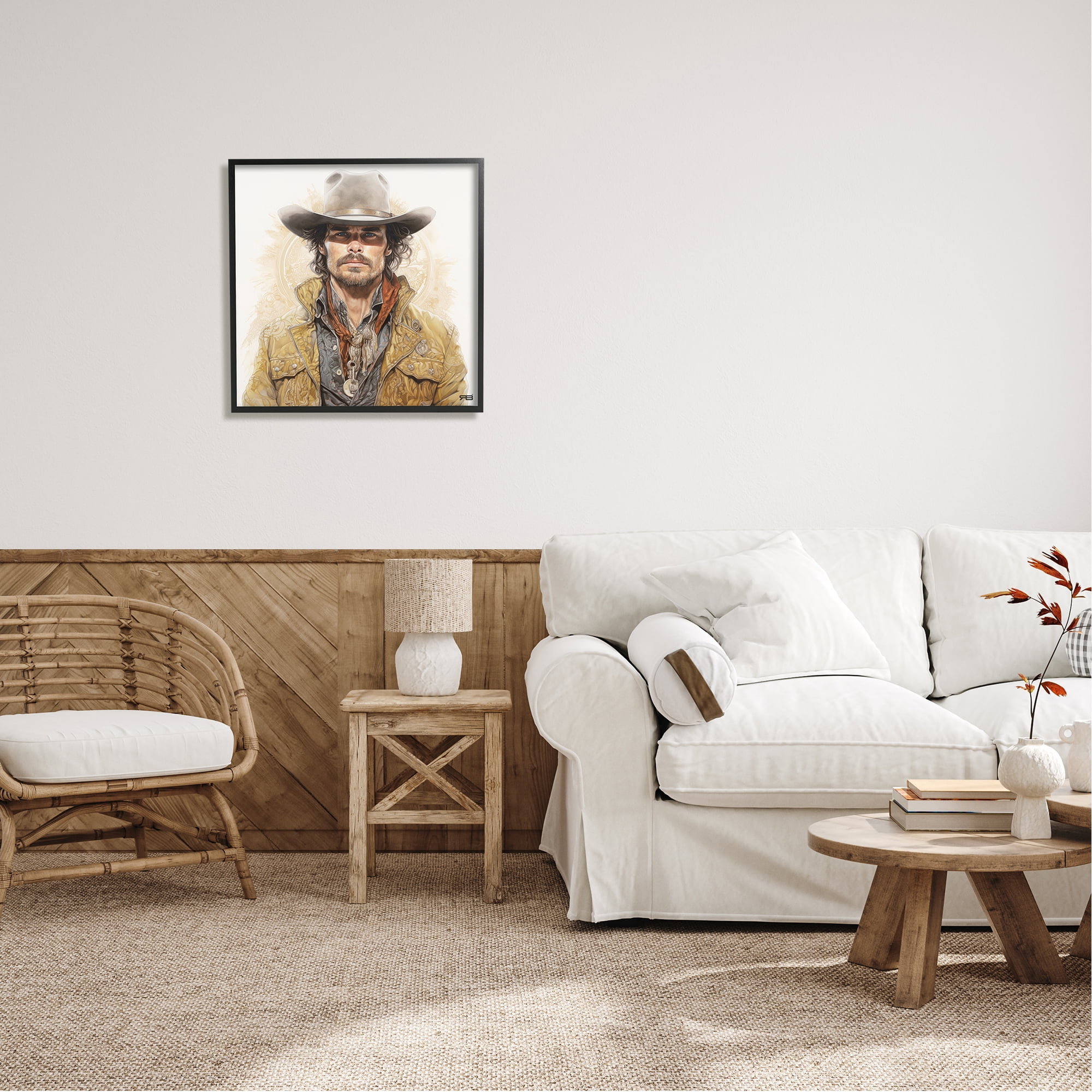 Stupell Industries Cowboy with Boho Pattern Abstract Painting Black Framed Art Print Wall Art, 24 x 24