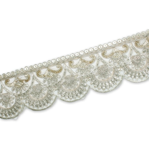 2.5 Inch Scalloped Floral Sequin Metallic Corded Mesh Trim for Sewing, Costumes, Crafts, and Décor – Sold by the Yard (Silver, 1 Yard)