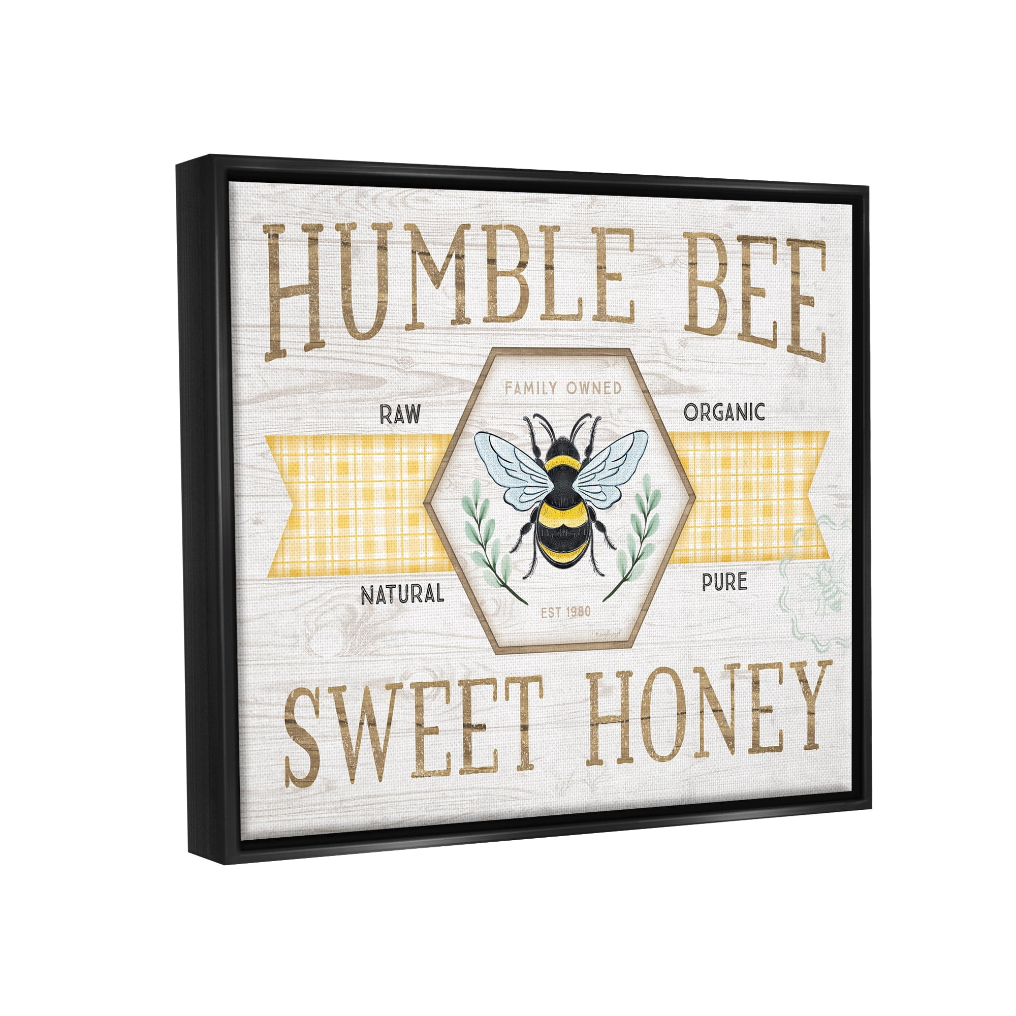 Stupell Industries Sweet Honey Bumble Bee Sign Country Tartan Banner Graphic Art Jet Black Floating Framed Canvas Print Wall Art, Design by Jennifer Pugh
