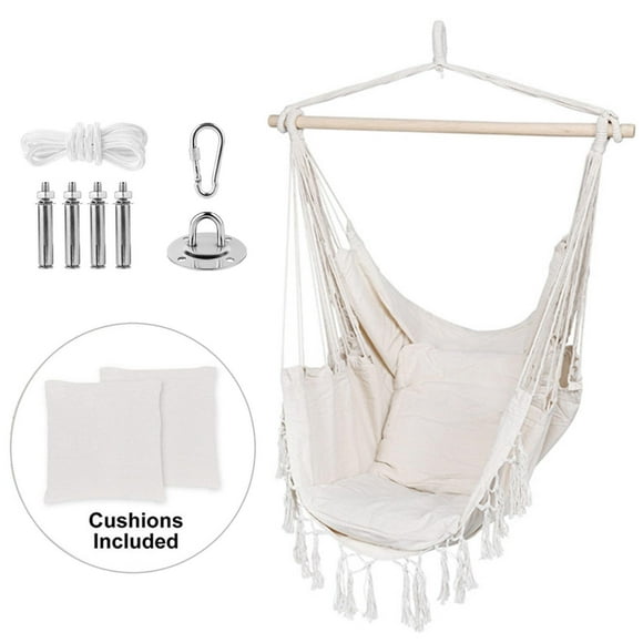 Hammock Chair Hanging Robe Swing Chair Seat with 2 Cushions and Hardware Kits, 265Lbs Capacity