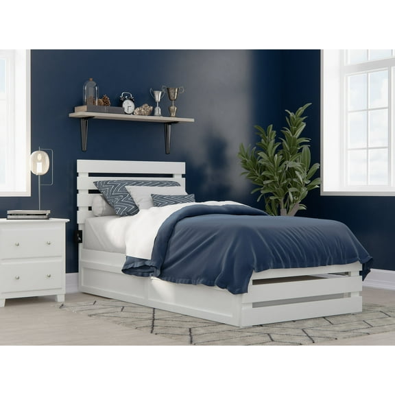 Oxford Twin Extra Long Bed with Footboard and USB Turbo Charger with Twin Extra Long Trundle in White
