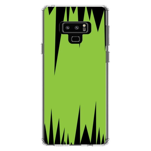 DistinctInk Clear Shockproof Hybrid Case for Samsung Galaxy Note 9 - TPU Bumper, Acrylic Back, Tempered Glass Screen Protector - Lime Green Black Spikes