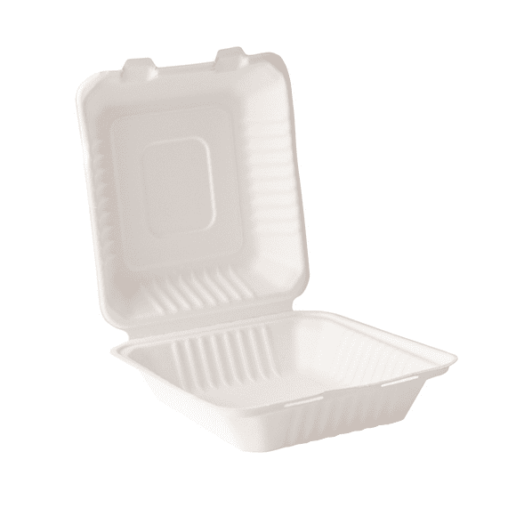 Contenedor almeja liso 8x8" de bagazo de caña con 100 pz blanco