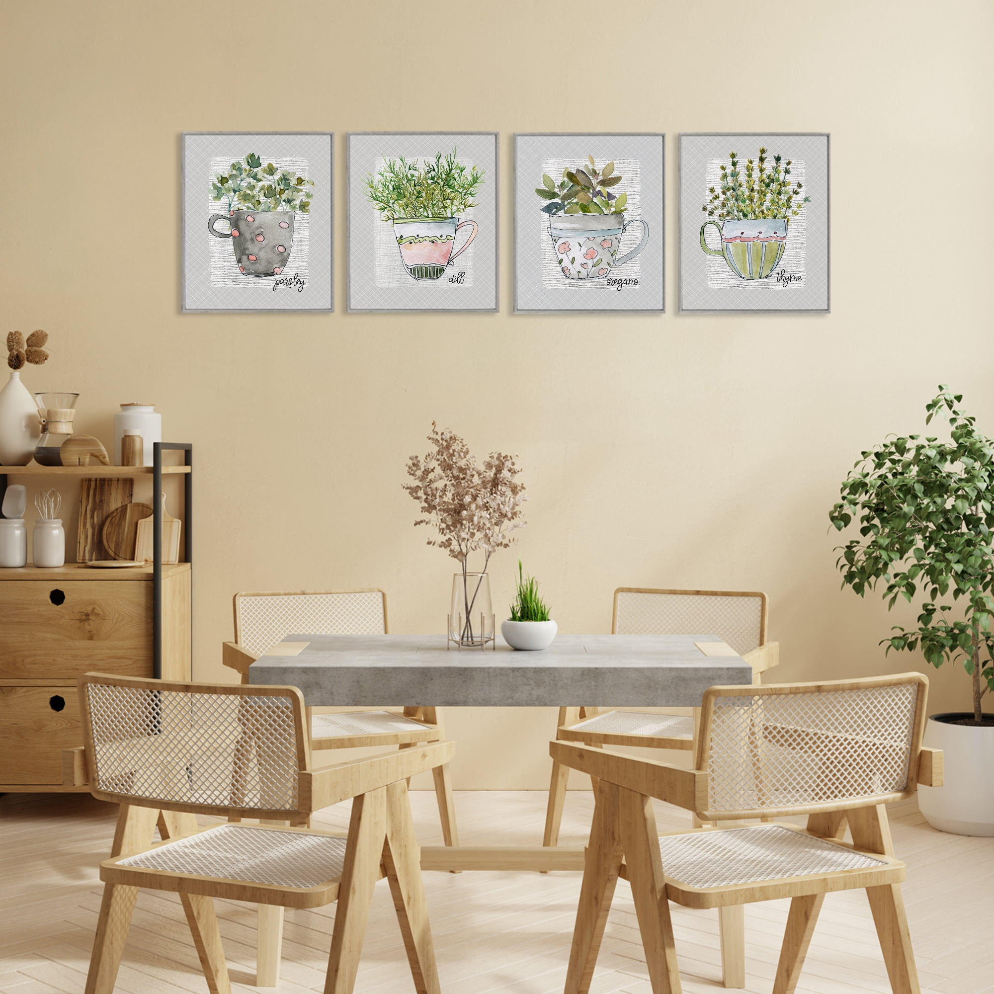 Stupell Industries Kitchen Herbs in Mugs 4 Piece Gray Framed Giclee Art Set, design by Livi Finn