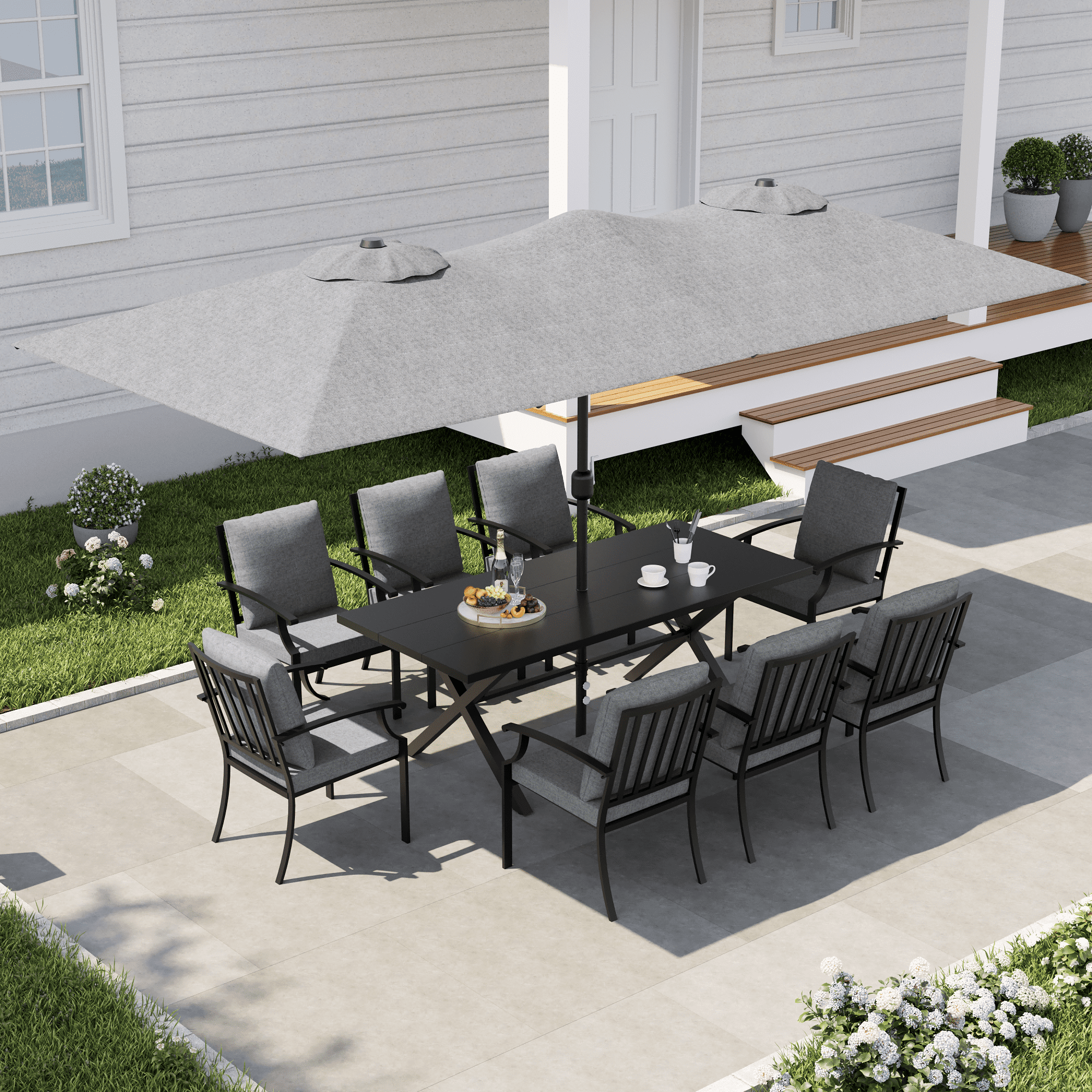 ALAULM 8 Piece Patio Dining Set w/14FT Umbrella, Metal Outdoor Furniture Set w/Rectangular table, 8 Fixed Chairs and Removable Cushions for Patio, Backyard, Garden, Poolside（Grey）