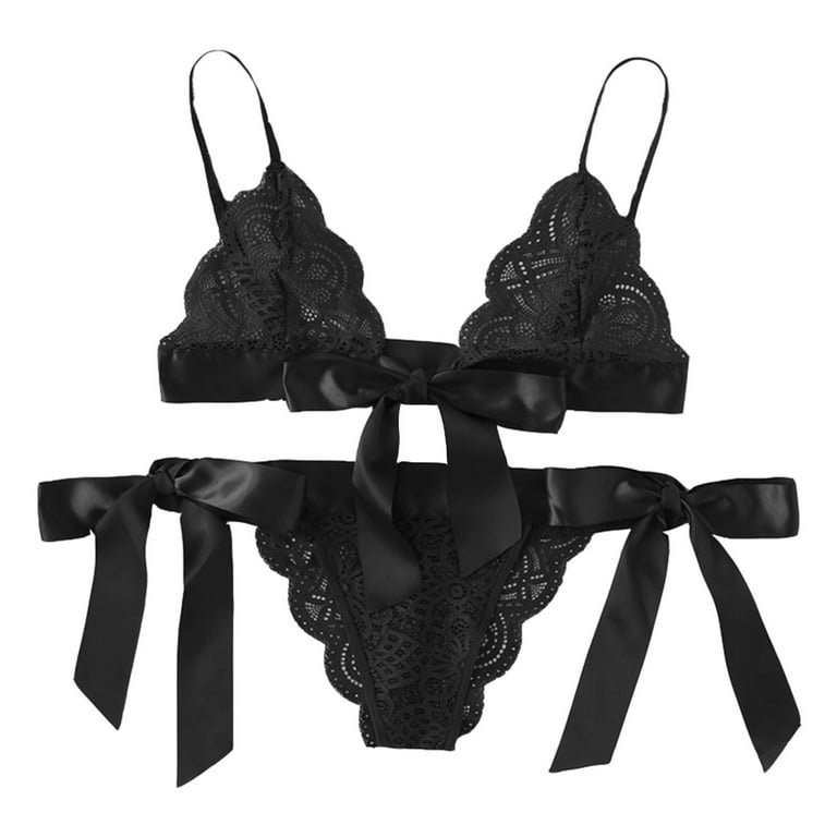 Womens Sexy Lingerie Set 2 Piece Floral Lace Scalloped Trim Bra and Self Tie  Panty Sets Bralette Babydoll Outfits 