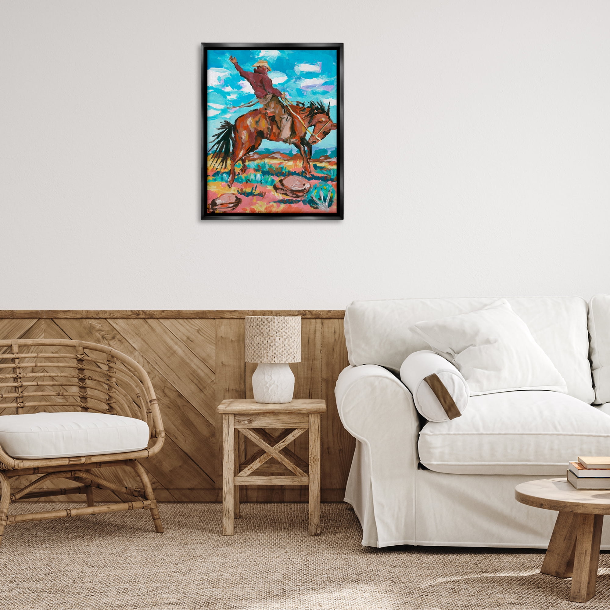 Stupell Industries Cowboy on Rearing Horse Animals Painting Black Floater Framed Canvas Art Print Wall Art, 25 x 31
