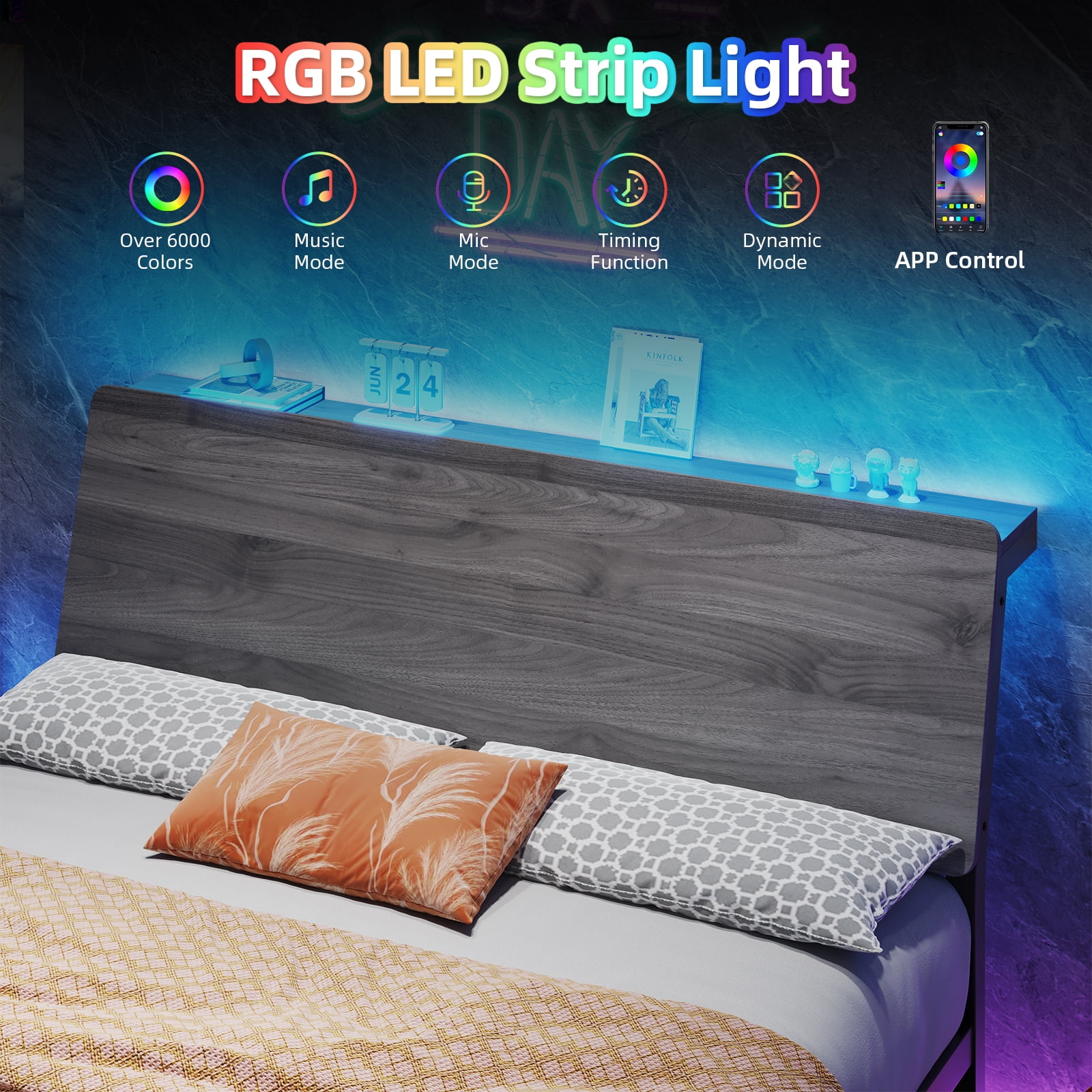 4 EVER WINNER Full Bed Frame with Storage Headboard and LED Light, Metal Platform Bed Frame with Wooden Headboard, No Box Spring, Gray
