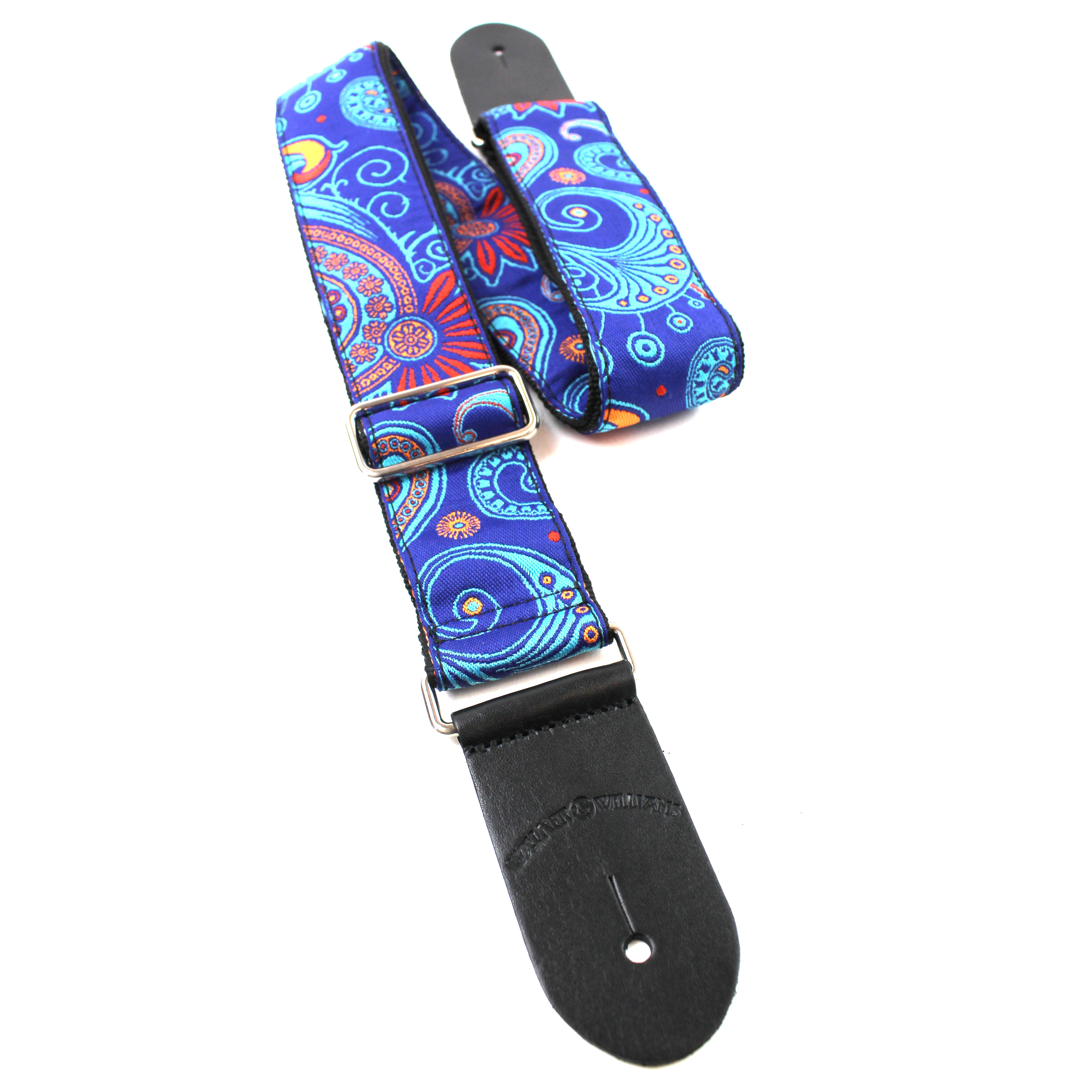 Walker & Williams JK-03 Vintage Modern Electric Blue & Red Paisley Design With Chrome Hardware & Leather Ends Walker & Williams JK-03 Vintage Modern Electric Blue & Red Paisley Design With Chrome Hardware & Leather Ends