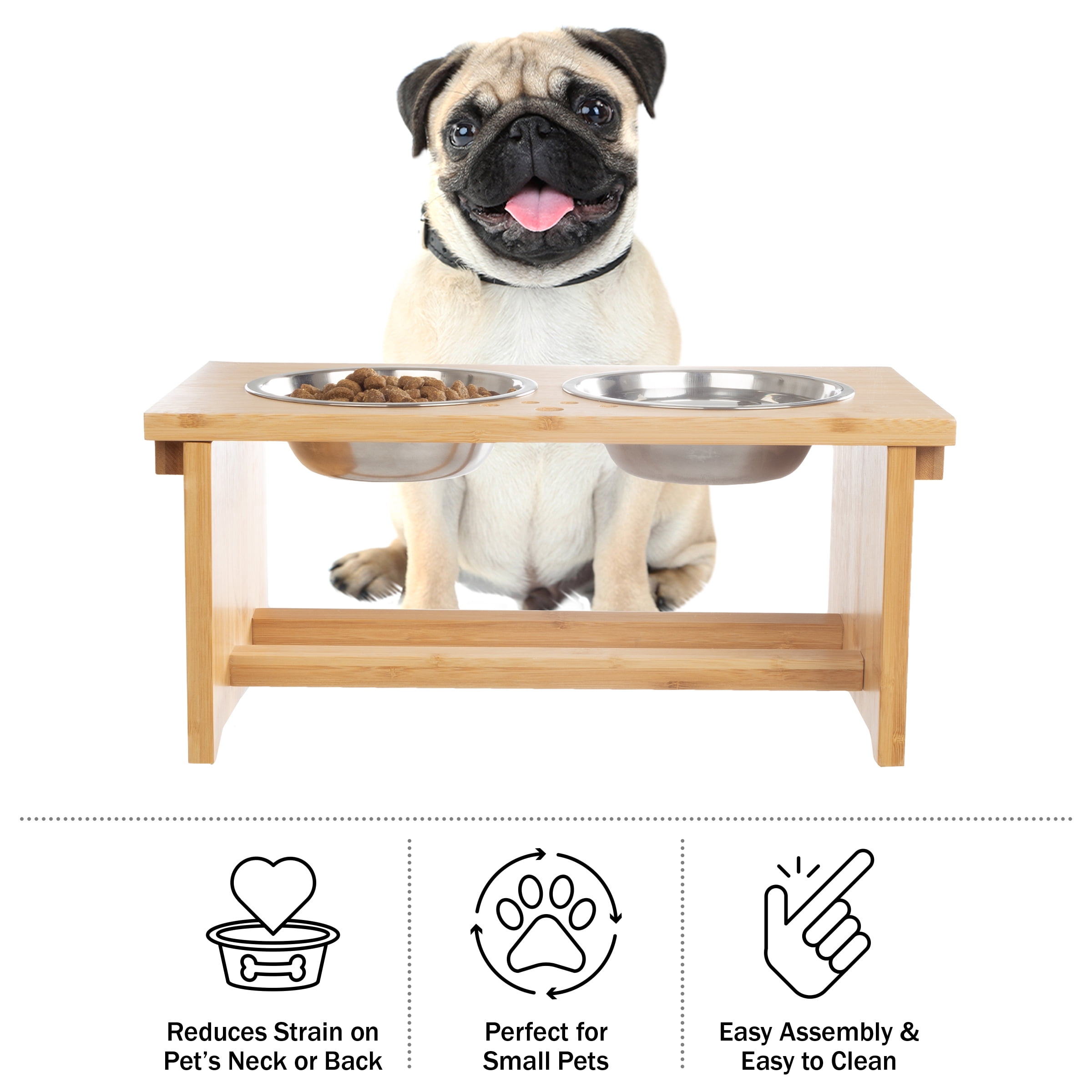 Petmaker Elevated Dog Pet Bowls with Stand - 7-Inch Bamboo Feeder with 2 Stainless Bowls - Hold 20oz