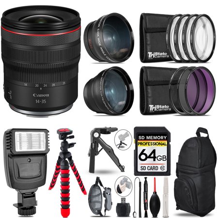 Canon RF 14-35mm f/4 L IS USM Lens -3 Lens Kit + Slave Flash + Tripod - 64GB Accessory Bundle