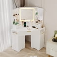 thumbnail image 2 of Ourlova Corner Makeup Vanity Desk with LED Mirror and Lights Fluted Design Vanity Table with Drawers White, 2 of 6
