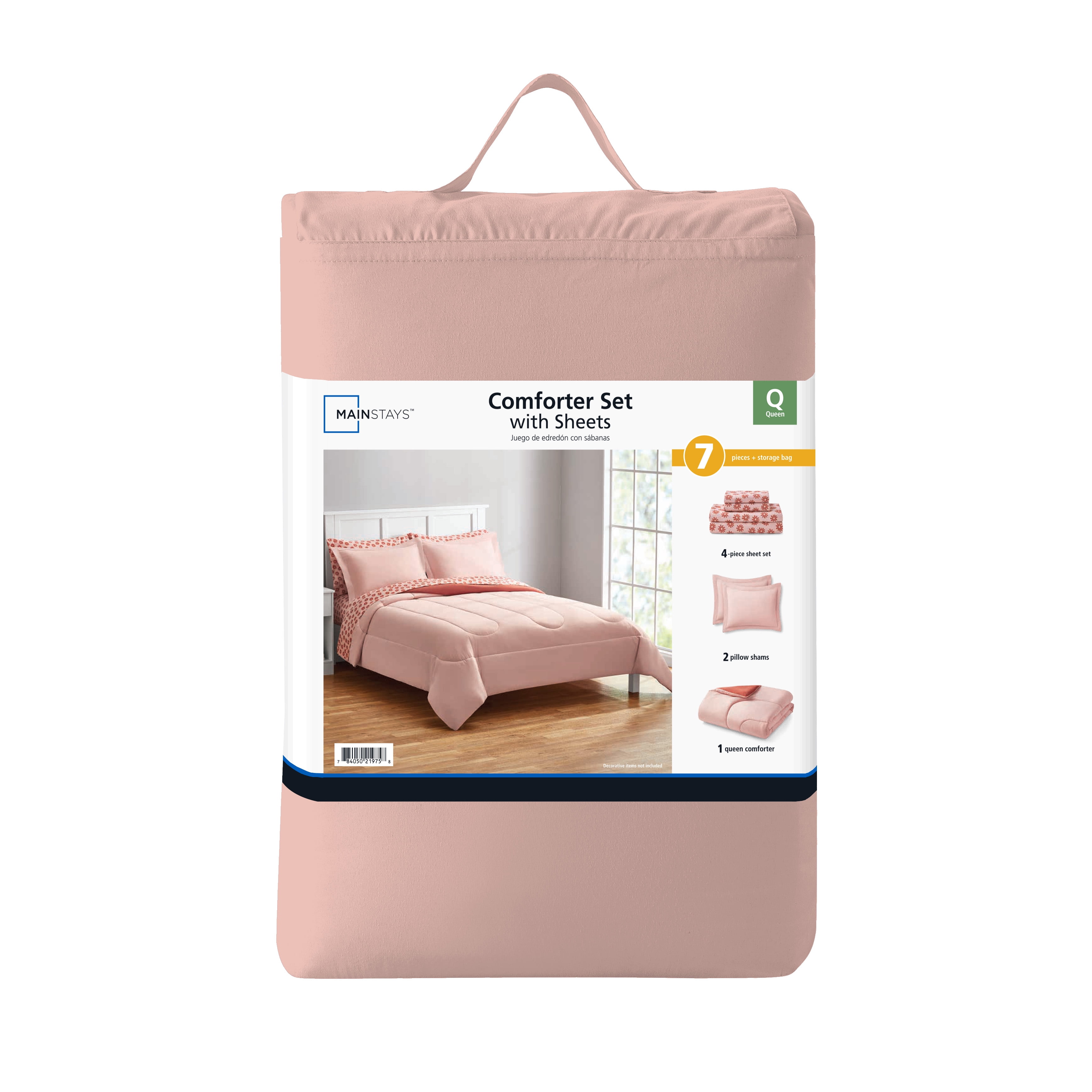 Mainstays 7-Piece Reversible Bed in a Bag Comforter Set with Sheets, Pink, Queen