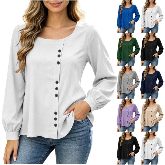 VBVC Women's Long Puff Sleeve Button Blouses , Ladies Casual Square Neck Tunic Tops , Dressy Work Shirts For Women, *White , Large