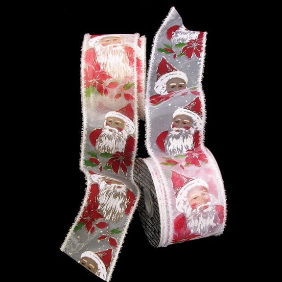 The Ribbon People Sheer White and Red Santa Claus Print Wired Craft Ribbon 2.5" x 20 Yards