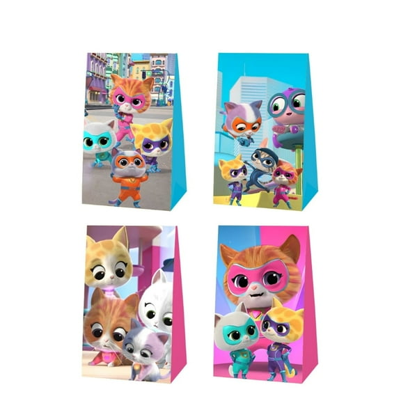 12 PCS Party Favor Candy Bags for Super Kitties Cartoon Themed Birthday Supplies Decor Kraft Paper Gift Bag.